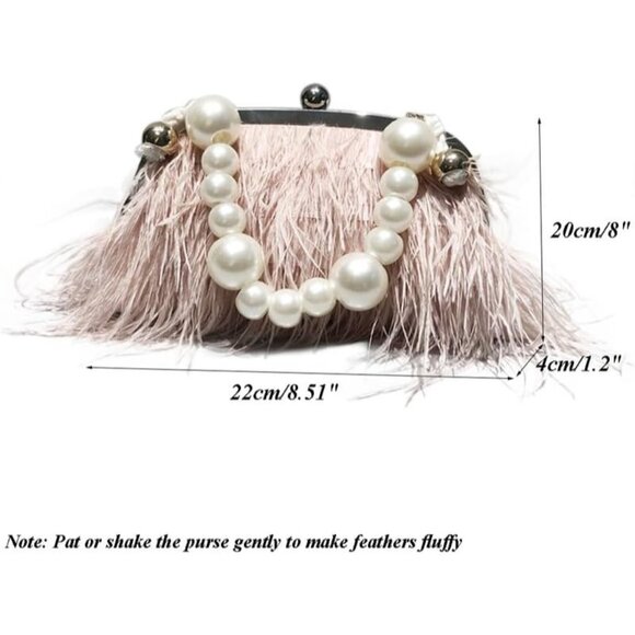 ⚡Women's Fluffy Ostrich Feather Pearl Banquet Evening Light Pink Clutch Bag - Picture 3 of 6